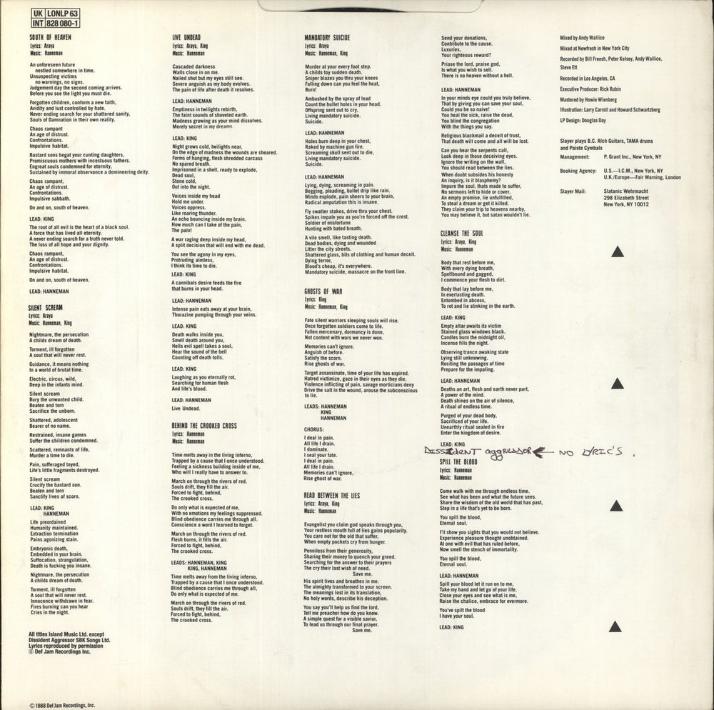 Slayer South Of Heaven - Inner - Hype Stickered - VG UK vinyl LP album (LP record)