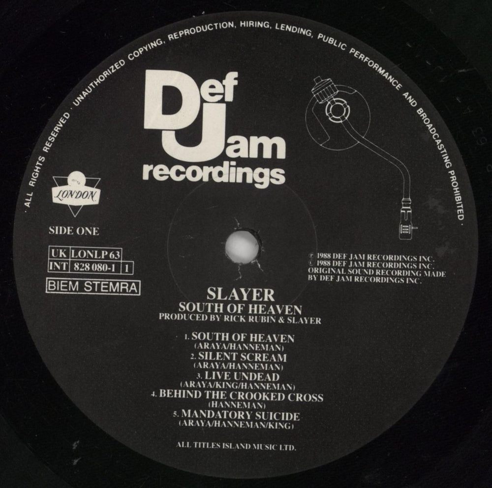 Slayer South Of Heaven + Inner - VG UK vinyl LP album (LP record) SLALPSO860106