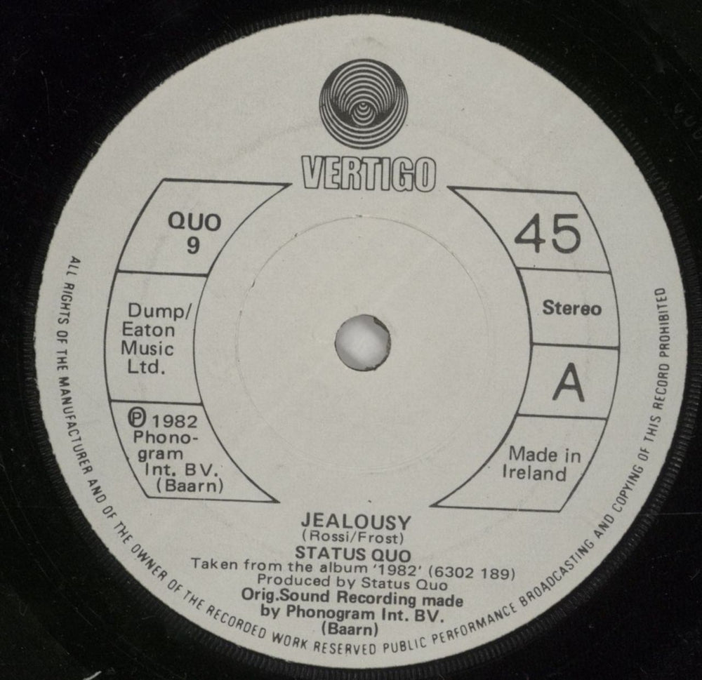 Status Quo Jealousy Irish 7" vinyl single (7 inch record / 45) QUO9