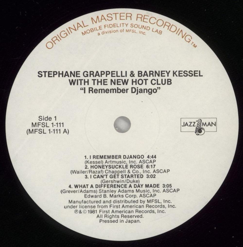 Stéphane Grappelli I Remember Django US vinyl LP album (LP record) SG6LPIR875854