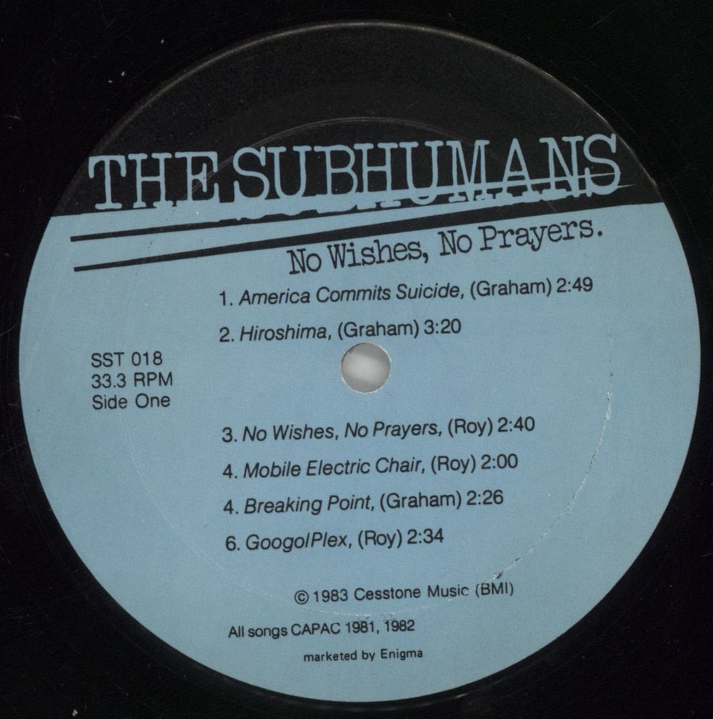 Subhumans Canada No Wishes, No Prayers US vinyl LP album (LP record) 84CLPNO859907