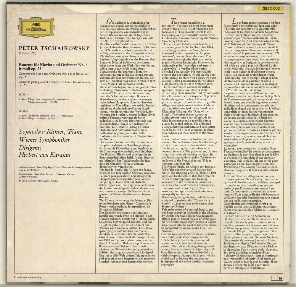 Sviatoslav Richter Tchaikovsky: Piano Concerto No. 1 In B Flat Minor Op. 23 Italian vinyl LP album (LP record)