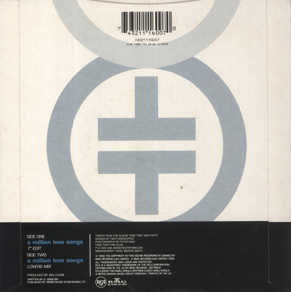 Take That A Million Love Songs + Tattoos UK 7" vinyl single (7 inch record / 45) 743211160070