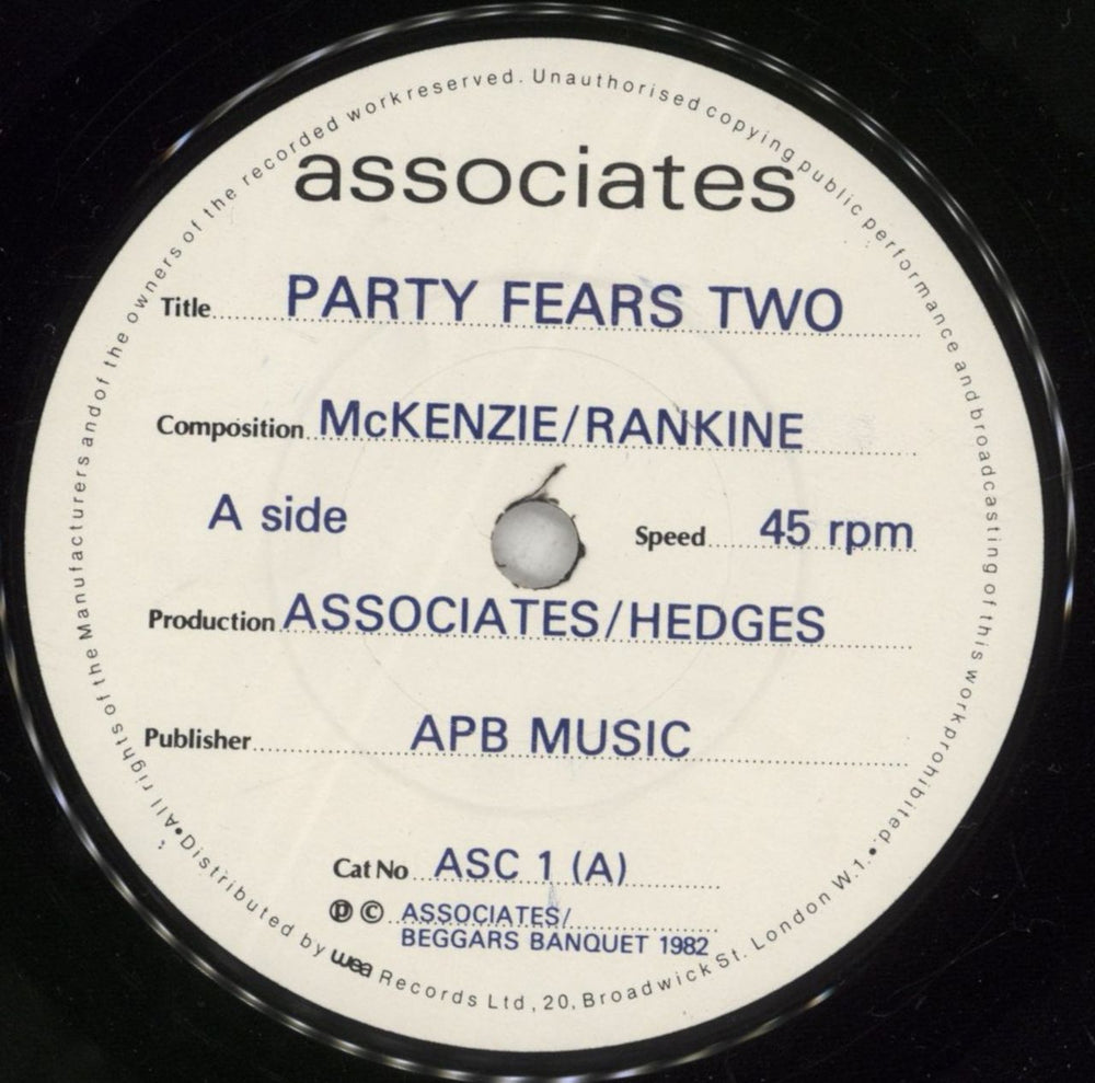 The Associates Party Fears Two UK 7" vinyl single (7 inch record / 45) ATS07PA45323