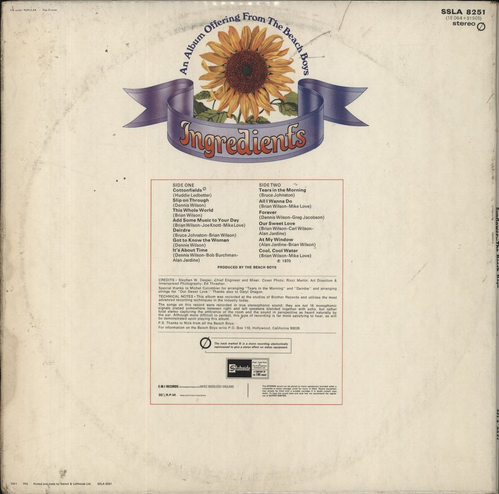 The Beach Boys Sunflower - 1st - VG UK vinyl LP album (LP record) BBOLPSU790284