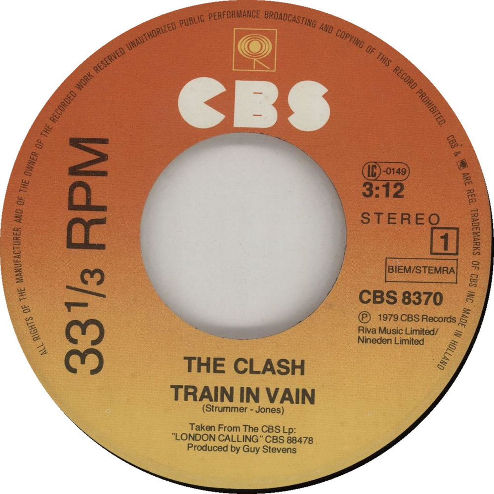 The Clash Train In Vain - 33t sticker Dutch 7" vinyl single (7 inch record / 45) CSH07TR685651