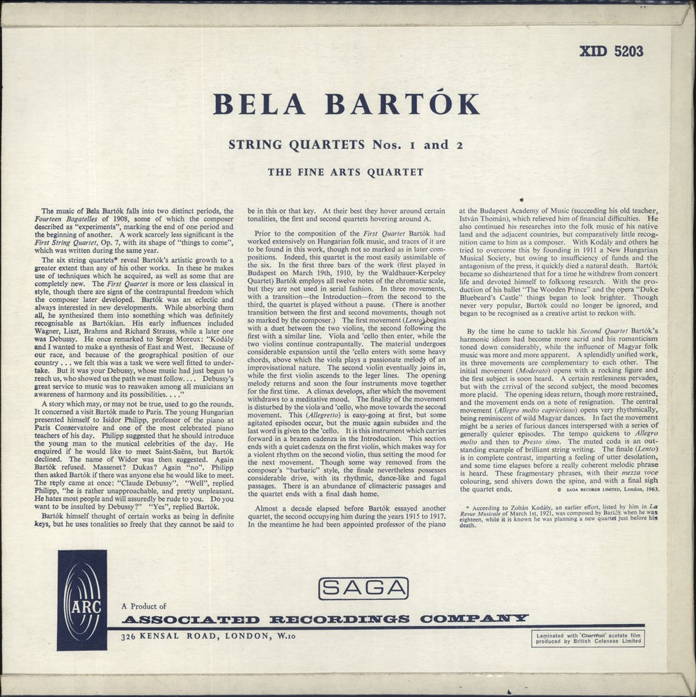 The Fine Arts Quartet Béla Bartók: String Quartets No. 1 & No. 2 UK vinyl LP album (LP record)