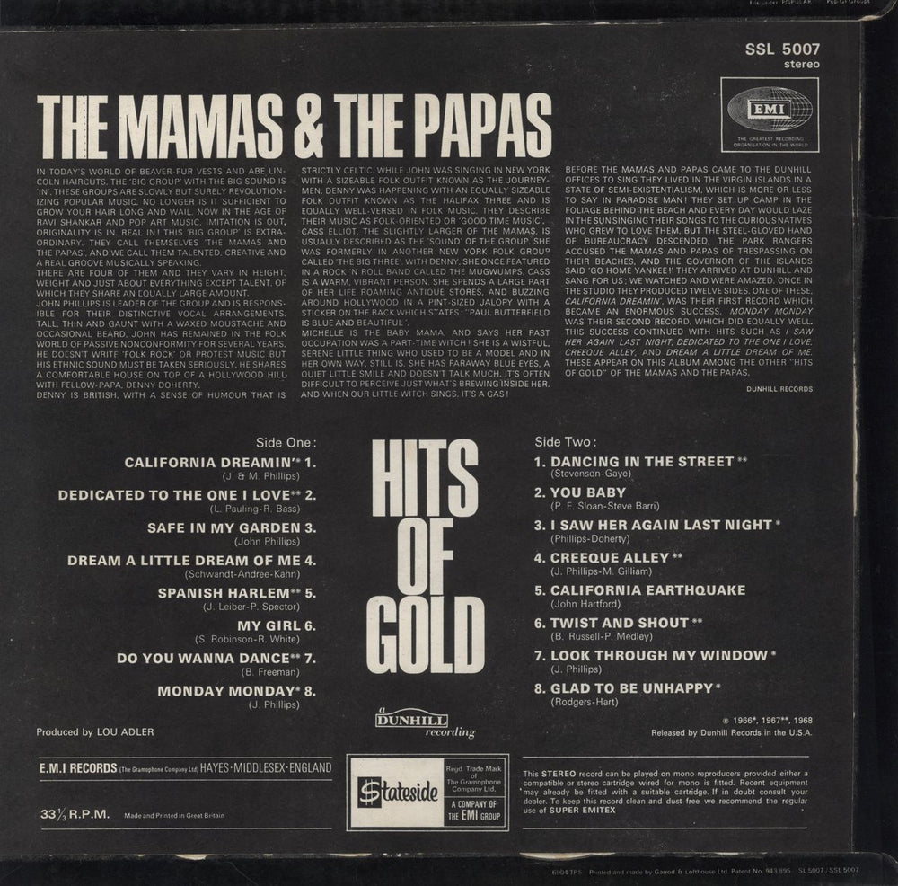 The Mama's And The Papa's Hits Of Gold UK vinyl LP album (LP record)