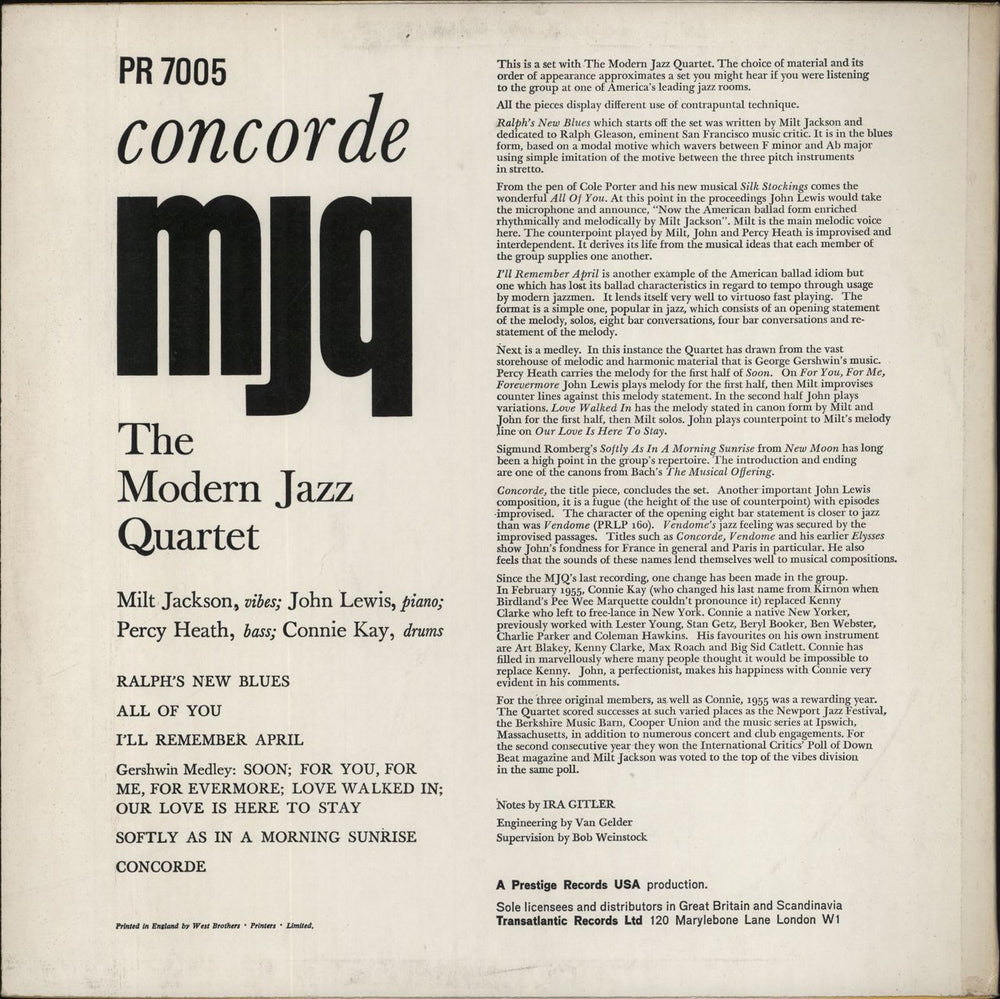 The Modern Jazz Quartet Concorde German vinyl LP album (LP record)