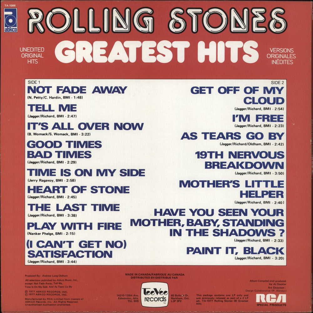 The Rolling Stones Greatest Hits Vol. 1 Canadian vinyl LP album (LP record)