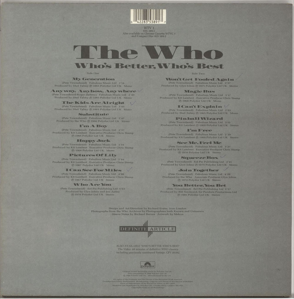 The Who Who's Better, Who's Best - EX UK vinyl LP album (LP record) 042283538917