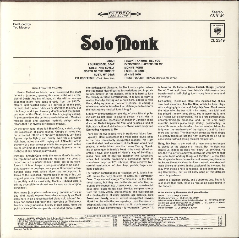 Thelonious Monk Solo Monk US vinyl LP album (LP record)