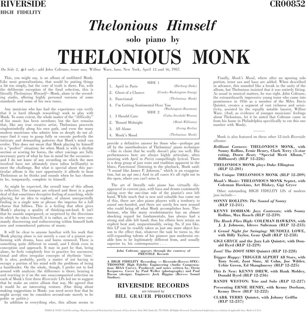 Thelonious Monk Thelonious Himself - Craft Original Jazz Classics Series 180 Gram - Sealed US vinyl LP album (LP record) 888072662438