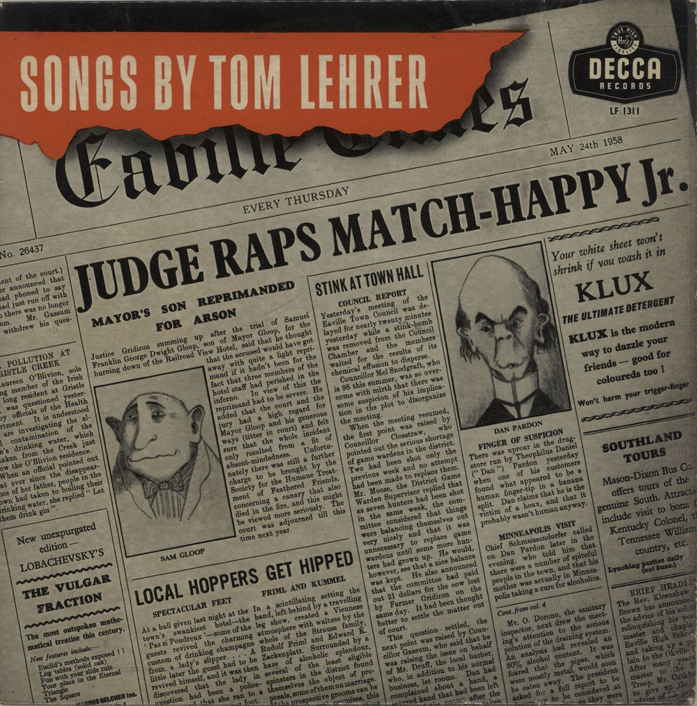 Tom Lehrer Songs By Tom Lehrer UK 10" vinyl single (10 inch record) LF1311