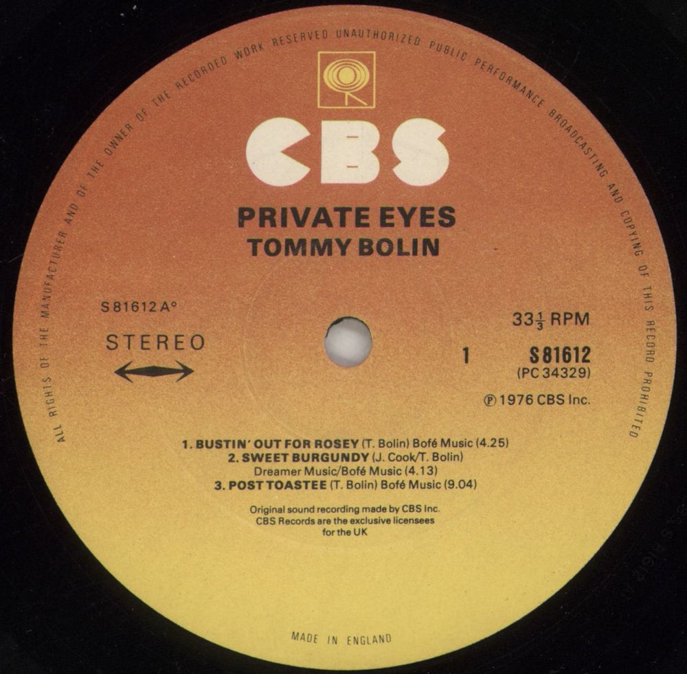 Tommy Bolin Private Eyes - EX UK vinyl LP album (LP record) TBOLPPR74046