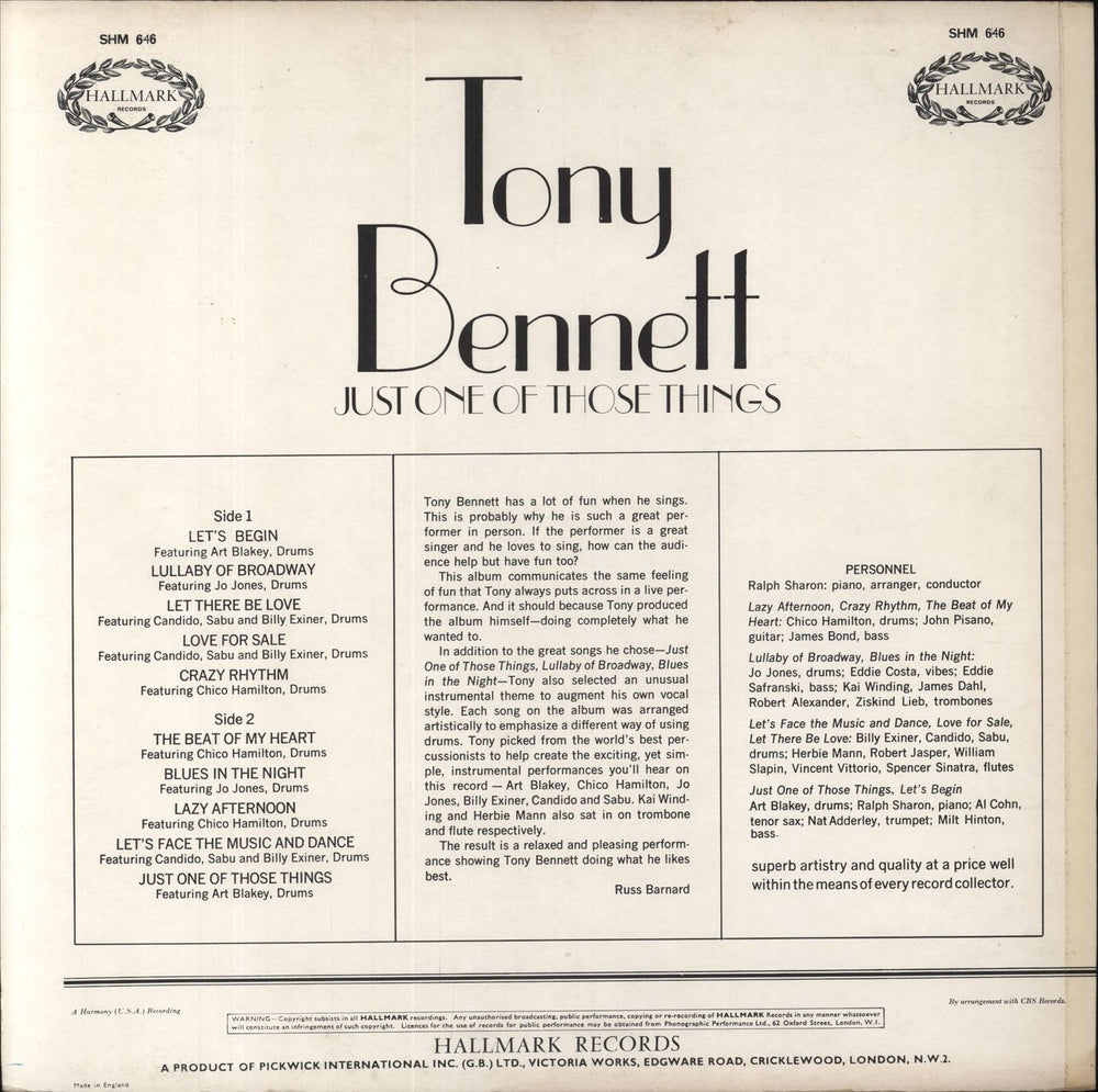 Tony Bennett Just One Of Those Things UK vinyl LP album (LP record)
