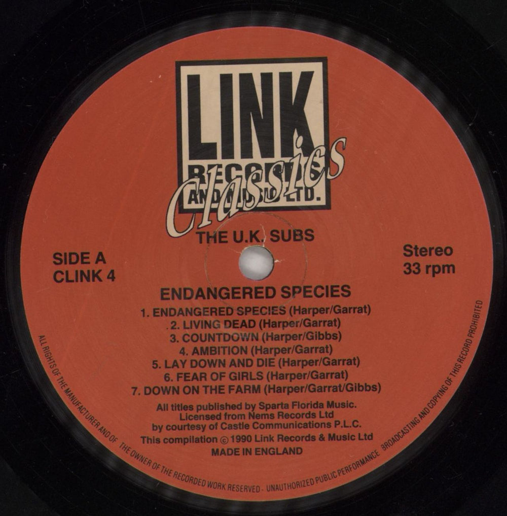 U.K. Subs Endangered Species UK vinyl LP album (LP record) UKSLPEN862522