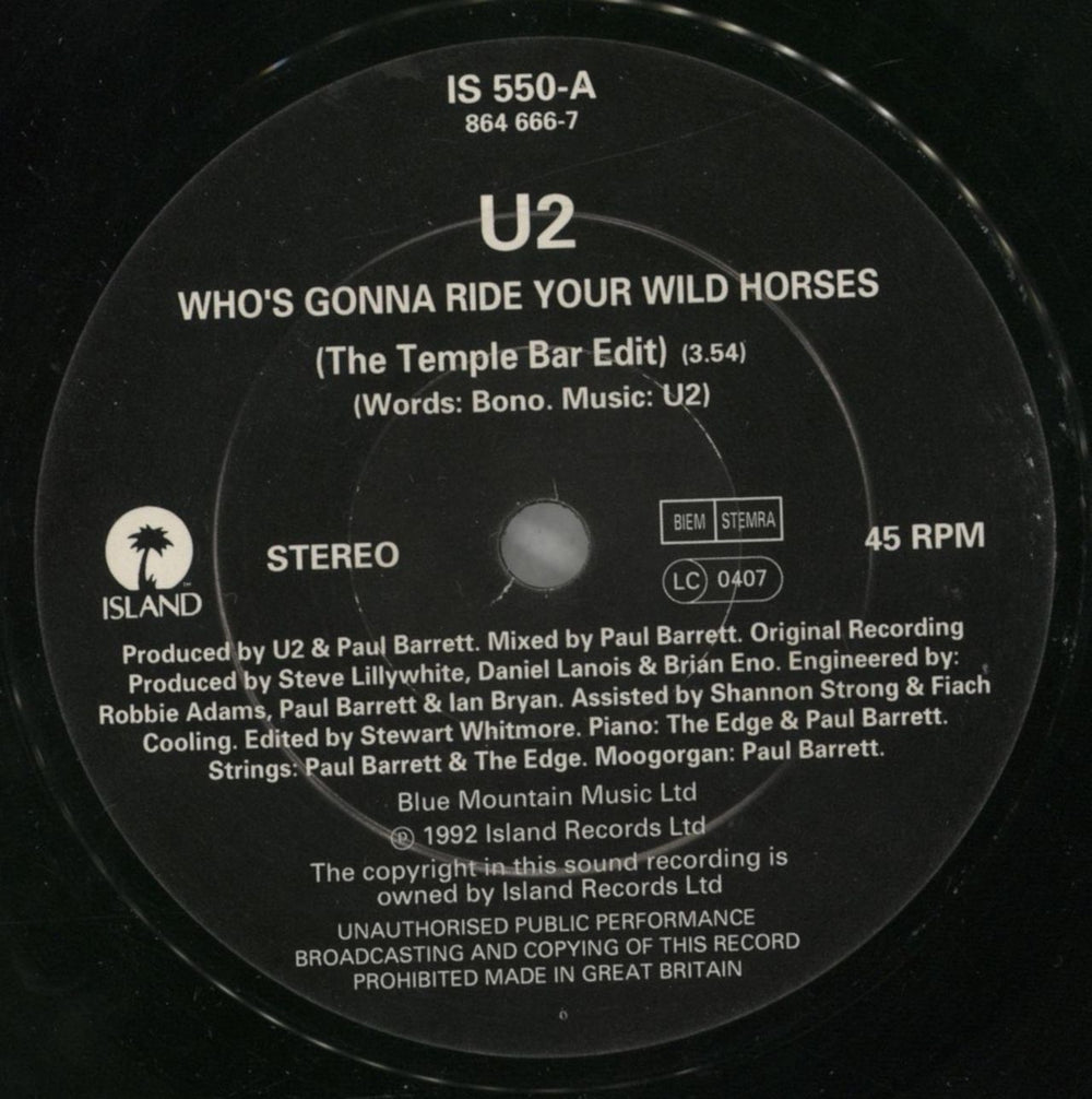 U2 Who's Gonna Ride Your Wild Horses UK 7" vinyl single (7 inch record / 45) U-207WH67117