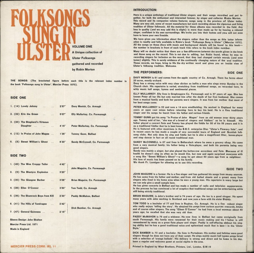 Various-Folk Folksongs Sung In Ulster - Volume 1 UK vinyl LP album (LP record)
