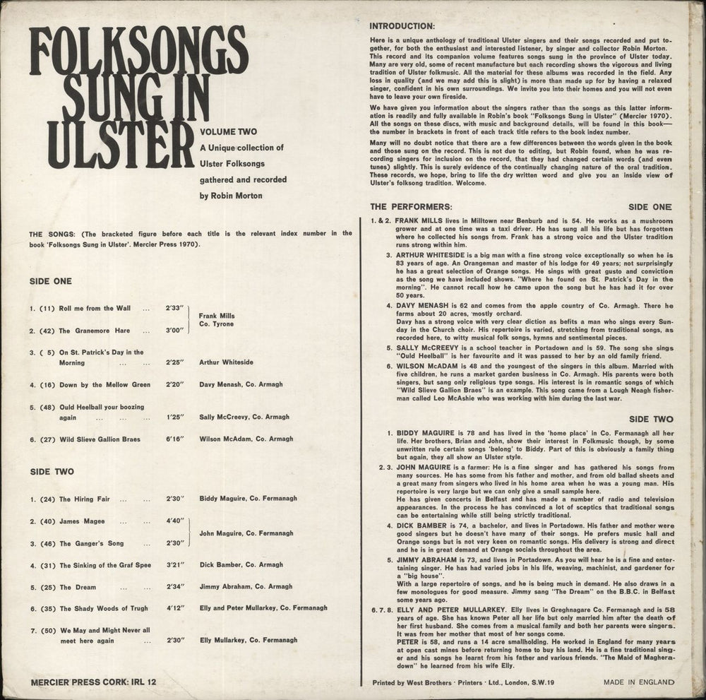 Various-Folk Folksongs Sung In Ulster - Volume 2 UK vinyl LP album (LP record)