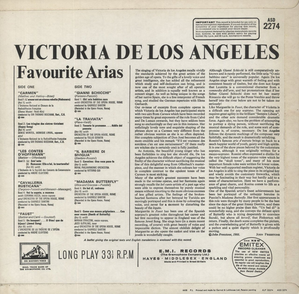 Victoria De Los Angeles Favourite Arias UK vinyl LP album (LP record)