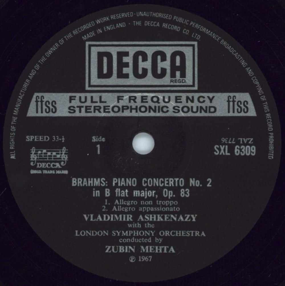 Vladimir Ashkenazy Brahms: Piano Concerto No. 2 in B Flat, Op.83 UK vinyl LP album (LP record) VL2LPBR771152
