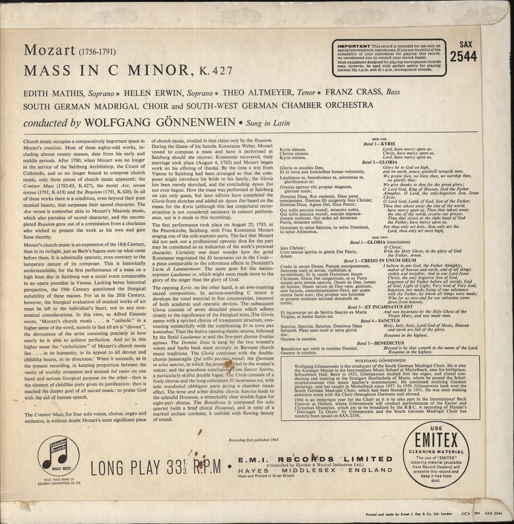 Wolfgang Amadeus Mozart Mass in C minor, K.427 UK vinyl LP album (LP record)