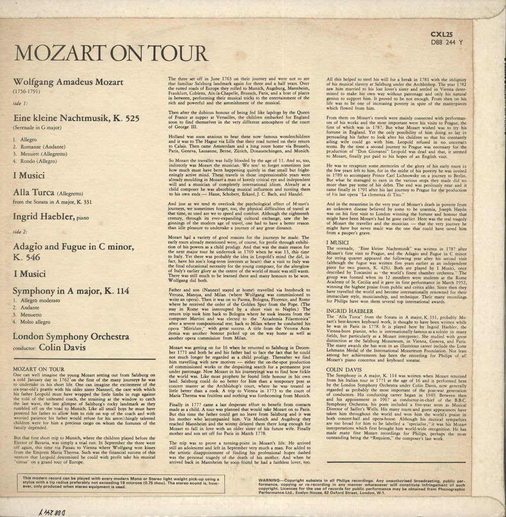 Wolfgang Amadeus Mozart Mozart On Tour UK vinyl LP album (LP record)