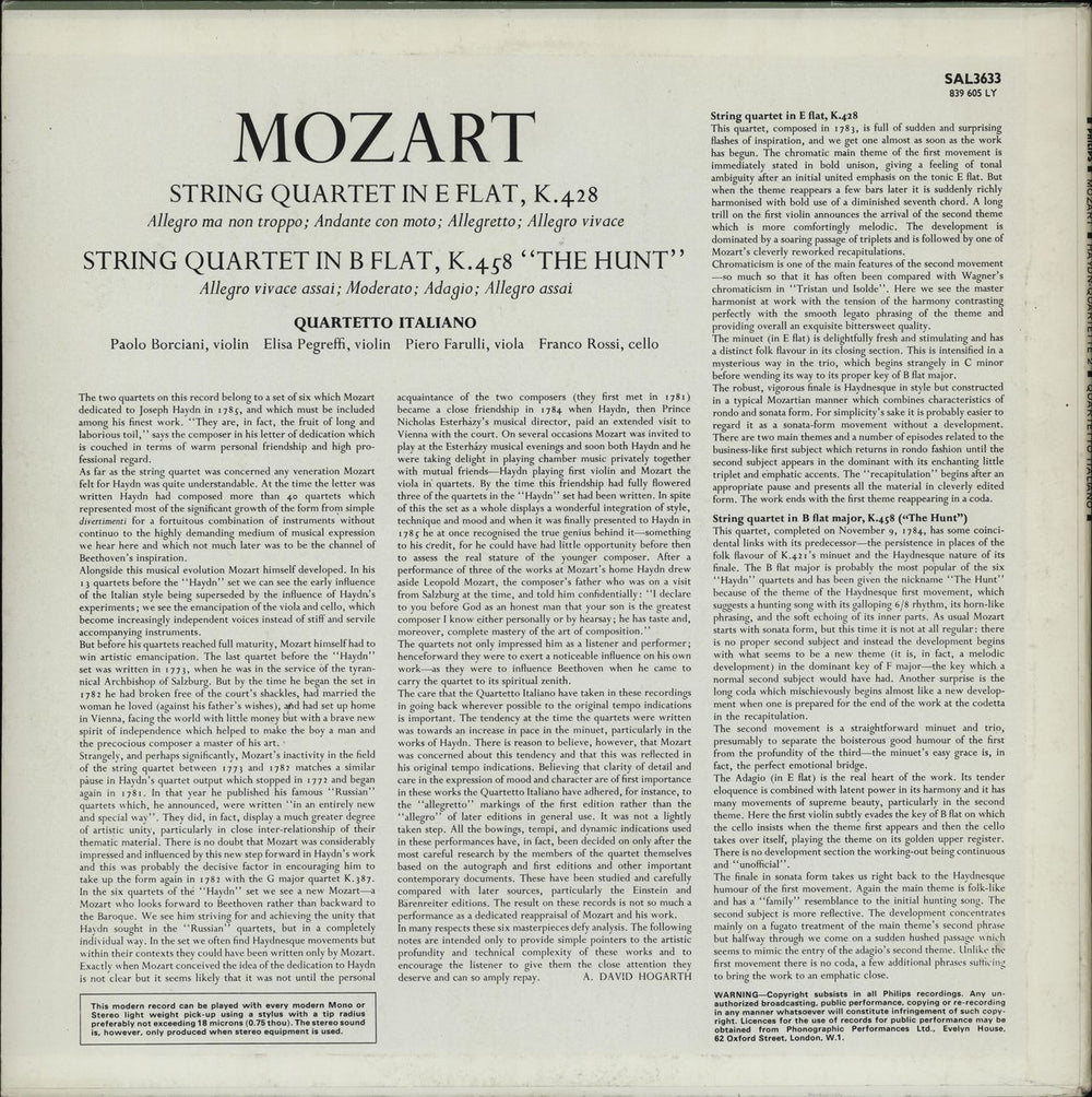 Wolfgang Amadeus Mozart String Quartet in E flat, K.428 & String Quartet in B flat, K.458 "The Hunt" Dutch vinyl LP album (LP record)