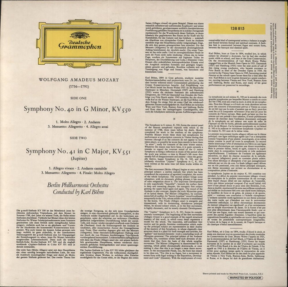 Wolfgang Amadeus Mozart Symphonien Nr. 40 G-moll & Nr. 41 'Jupiter' UK vinyl LP album (LP record)