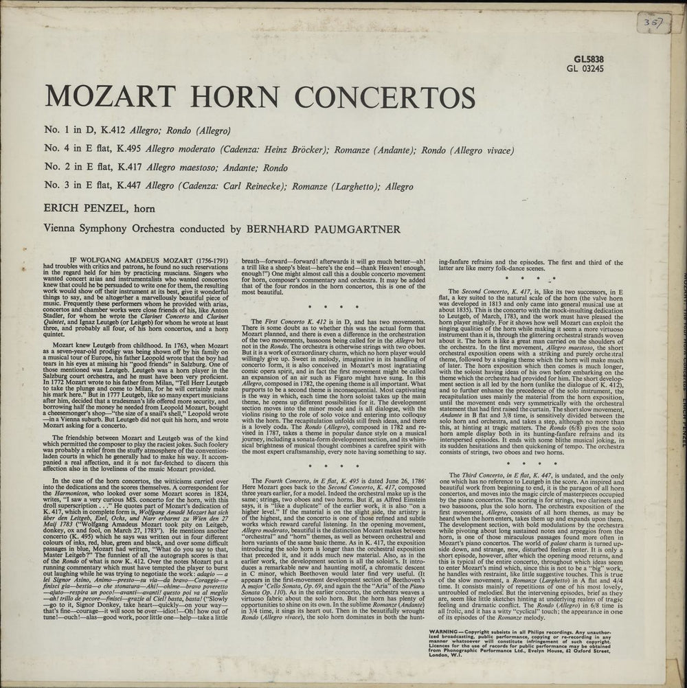 Wolfgang Amadeus Mozart The Four Horn Concertos UK vinyl LP album (LP record)