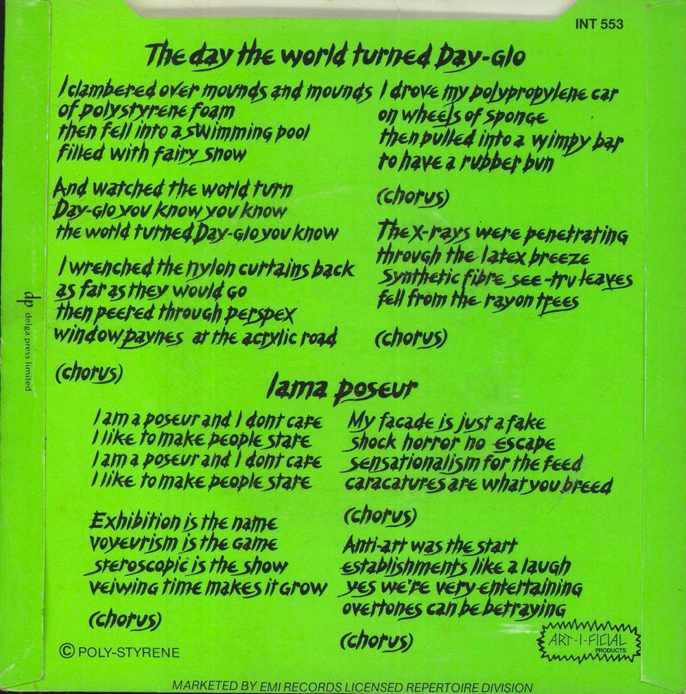 X-Ray Spex The Day The World Turned Dayglo - P/S + 4pr UK 7" vinyl single (7 inch record / 45) INT553