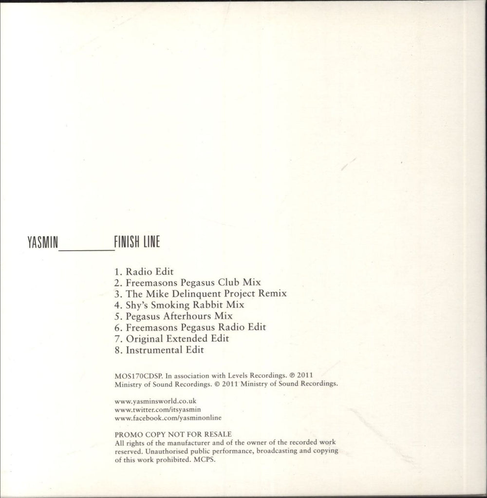 Yasmin (Dance) Finish Line UK Promo CD single (CD5 / 5")