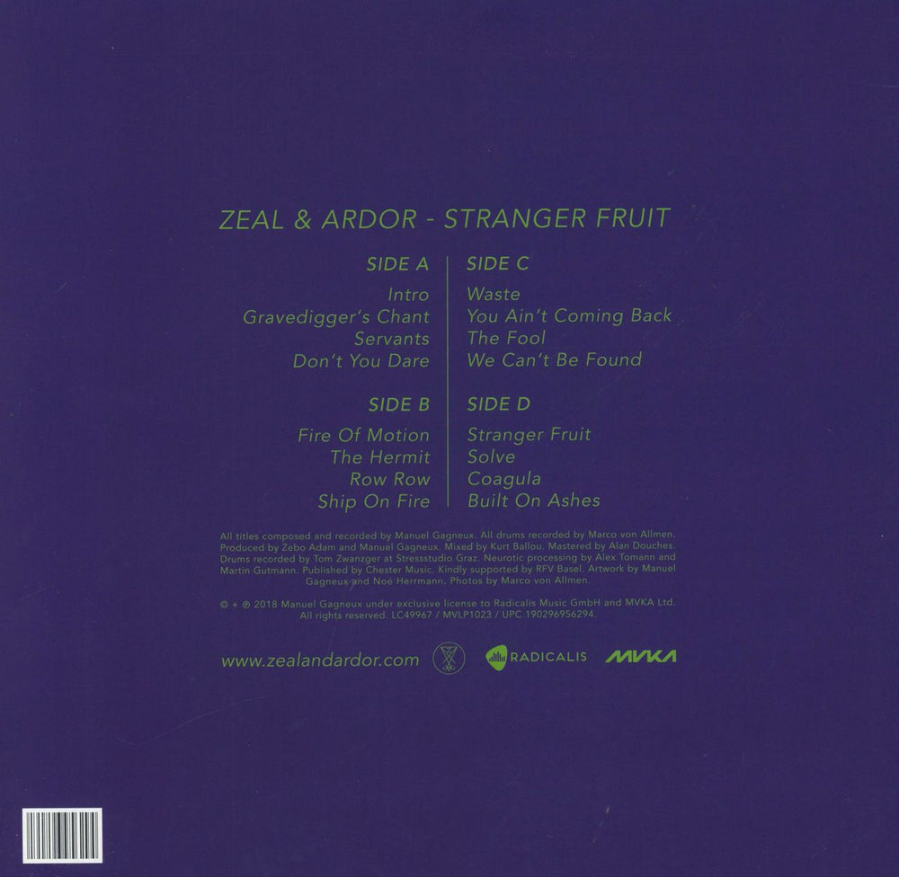 Zeal & Ardor Stranger Fruit - 180gram - Purple Vinyl UK 2-LP vinyl record set (Double LP Album) 190296956294