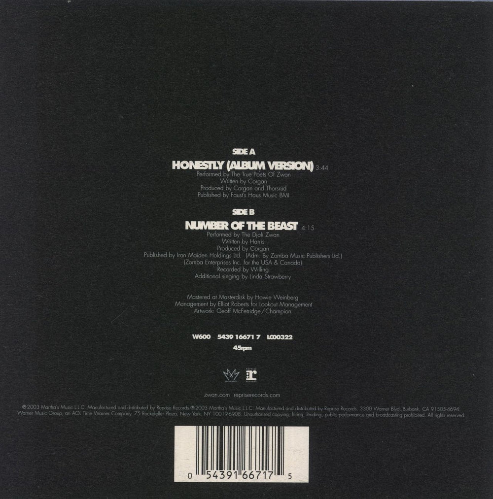 Zwan Honestly UK 7" vinyl single (7 inch record / 45) 054391667175