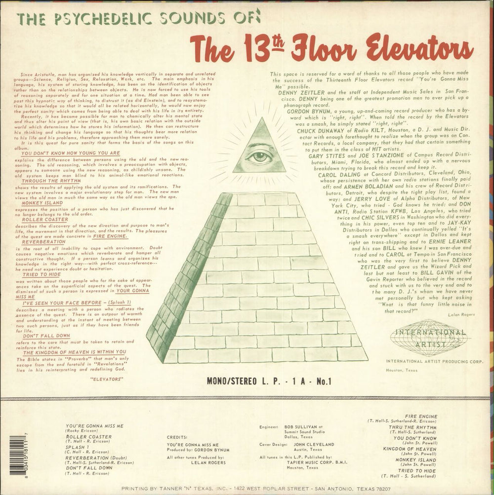 13th Floor Elevators The Psychedelic Sounds Of The 13th Floor Elevators - 180gm US 2-LP vinyl record set (Double LP Album) 803415181117