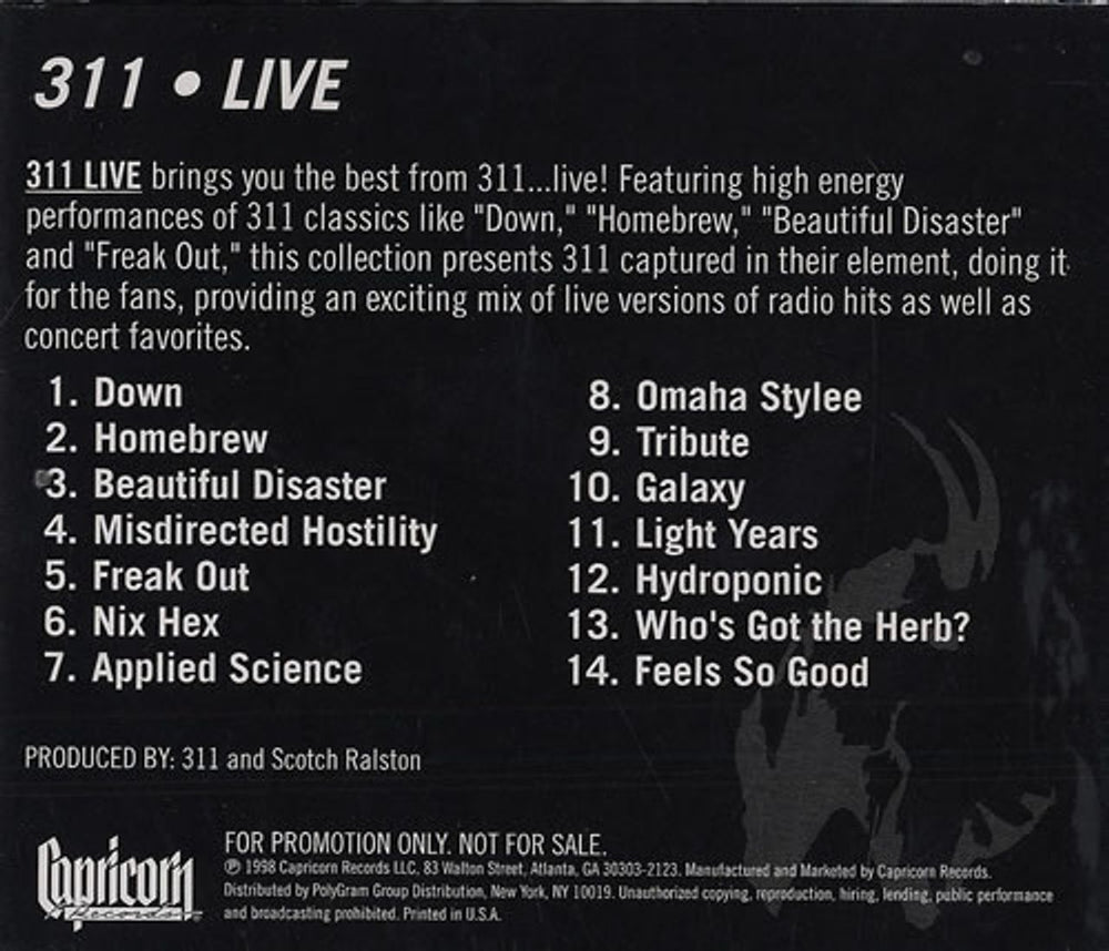 311 Live US Promo CD album (CDLP) CARAD1008