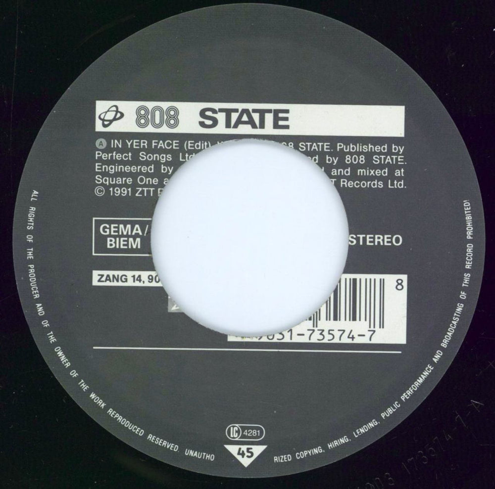 808 State In Yer Face - Wide UK 7" vinyl single (7 inch record / 45) ZANG14