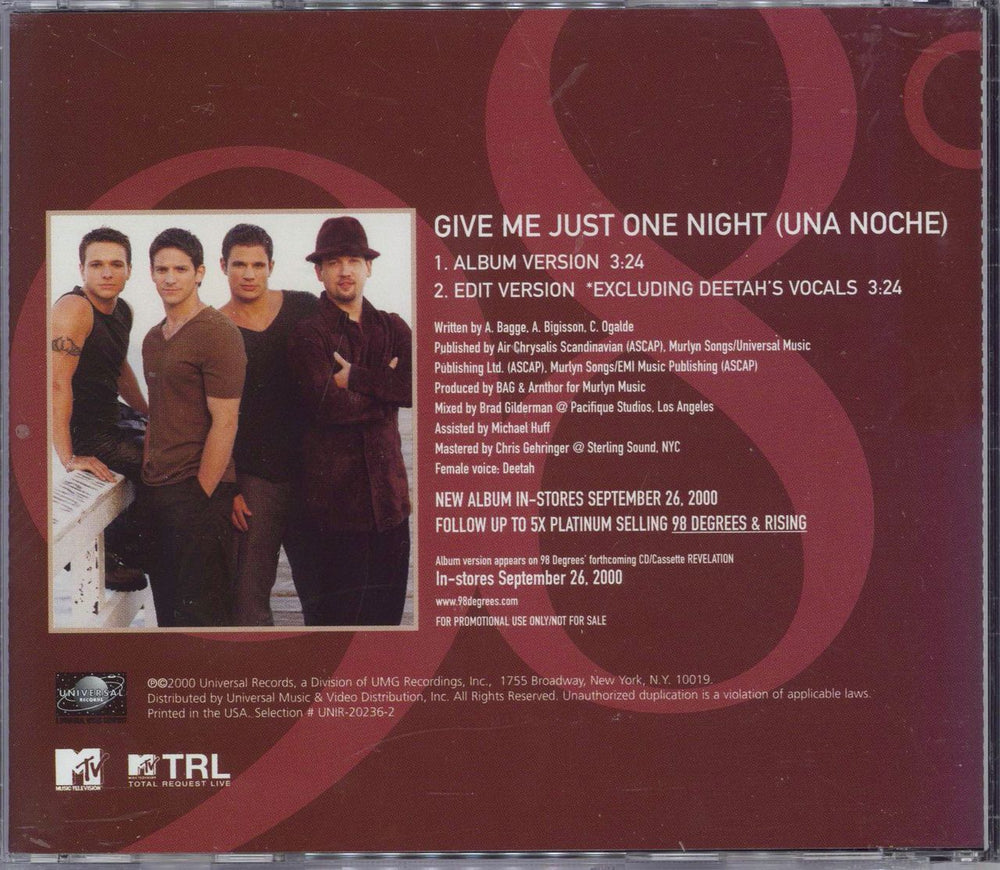 98 Degrees Give Me Just One Night - Una Noche US Promo CD single (CD5 / 5")