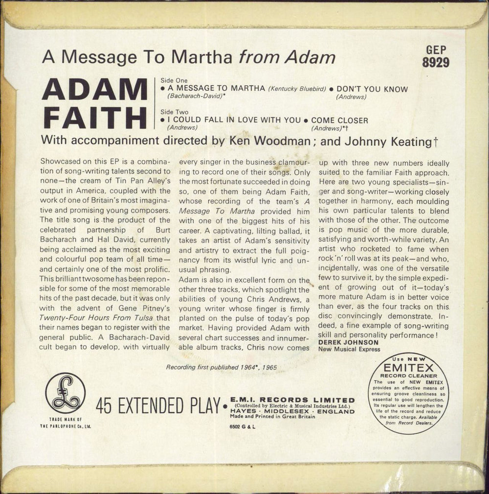 Adam Faith A Message To Martha From Adam UK 7" vinyl single (7 inch record / 45)