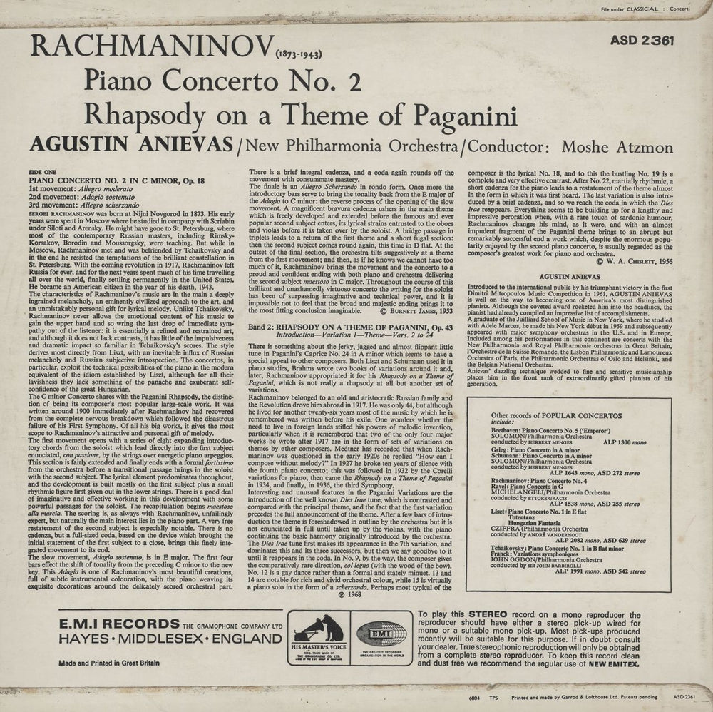 Agustin Anievas Rachmaninov: Piano Concerto No. 2 / Rhapsody on a Theme of Paganini UK vinyl LP album (LP record)