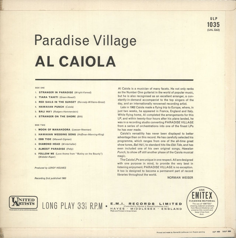 Al Caiola Paradise Village UK vinyl LP album (LP record)