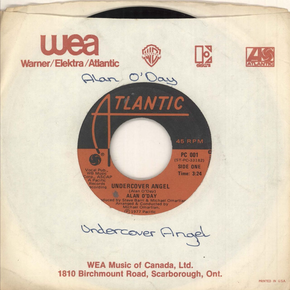 Alan O'Day Undercover Angel Canadian 7" vinyl single (7 inch record / 45) PC001