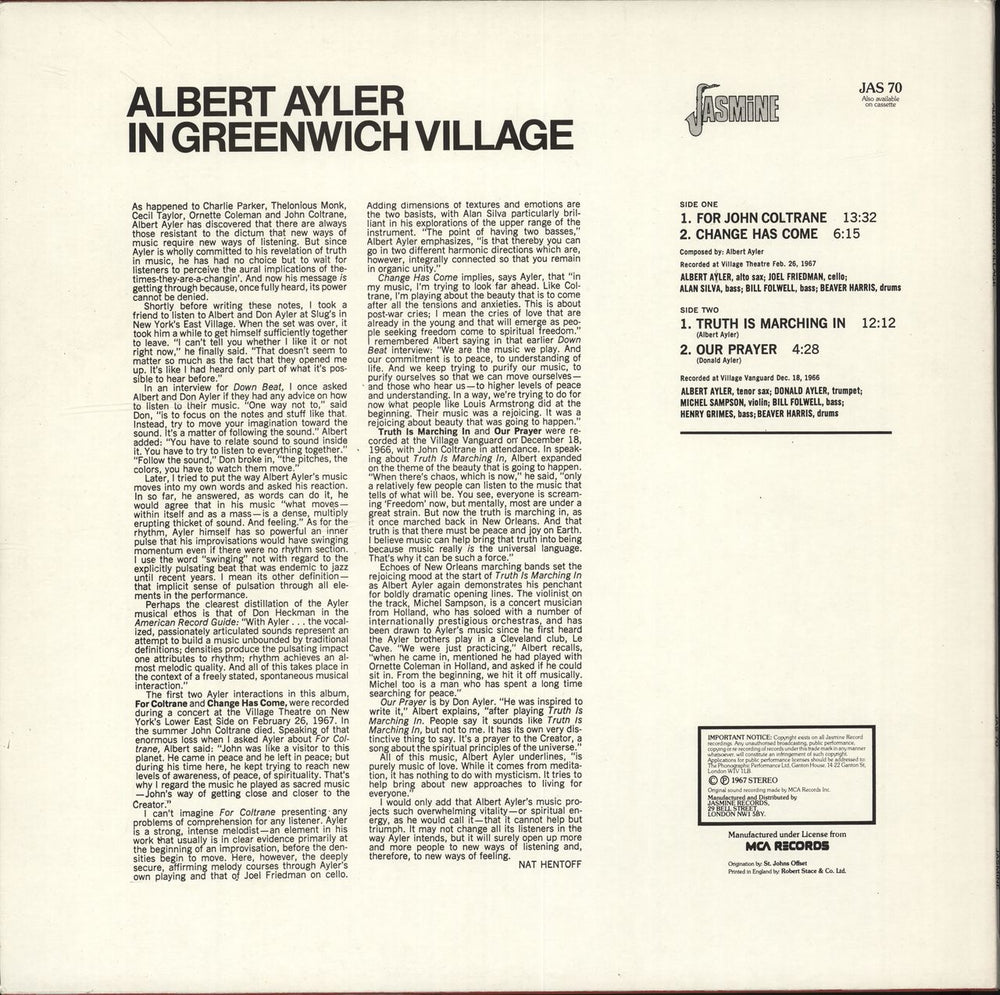 Albert Ayler In Greenwich Village UK vinyl LP album (LP record)