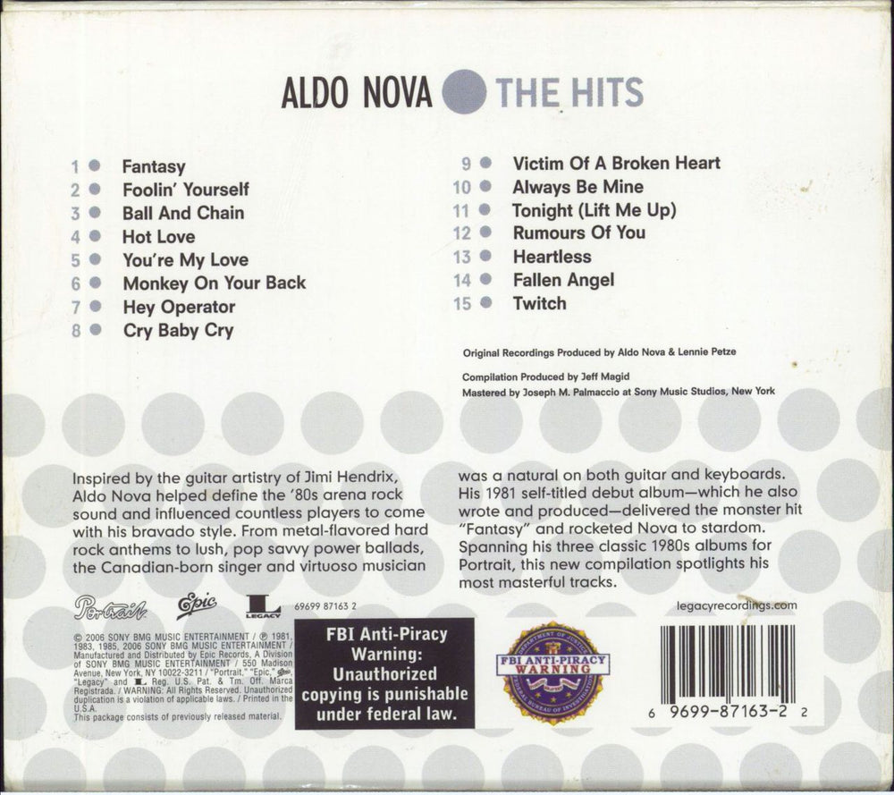 Aldo Nova The Hits US CD album (CDLP) 696998716322