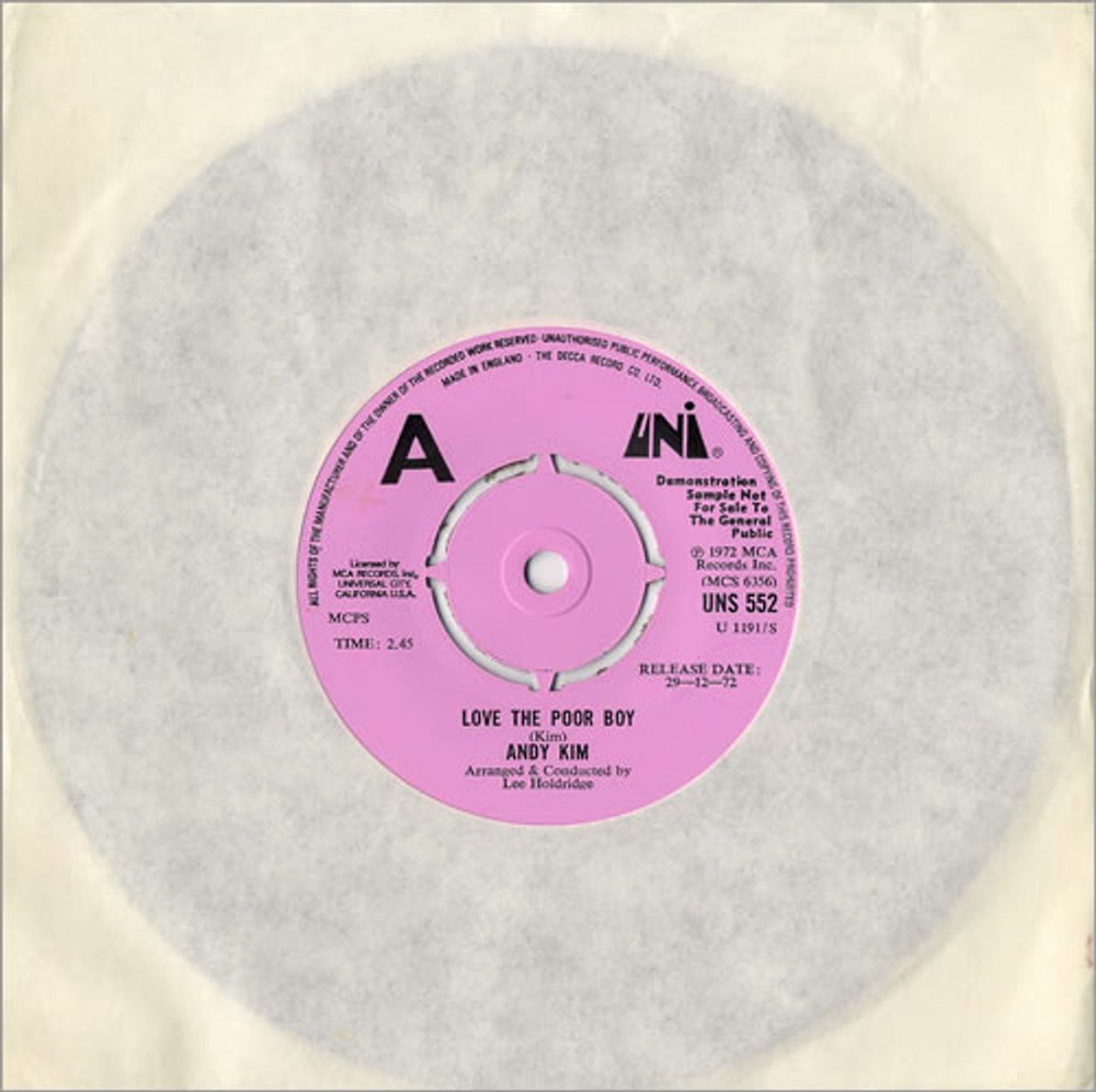 Andy Kim Love The Poor Boy UK Promo 7" vinyl single (7 inch record / 45) UNS552