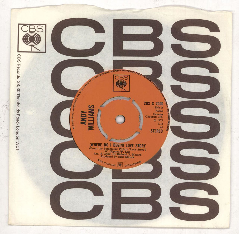 Andy Williams (Where Do I Begin) Love Story - 4pr UK 7" vinyl single (7 inch record / 45) CBSS7020