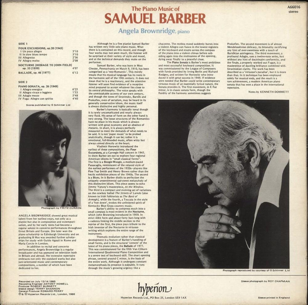 Angela Brownridge The Piano Music Of Samuel Barber UK vinyl LP album (LP record)