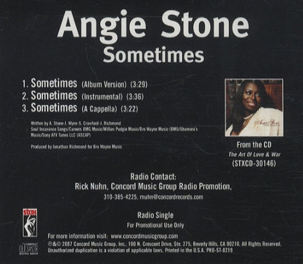 Angie Stone Sometimes US Promo CD-R acetate CD-R ACETATE