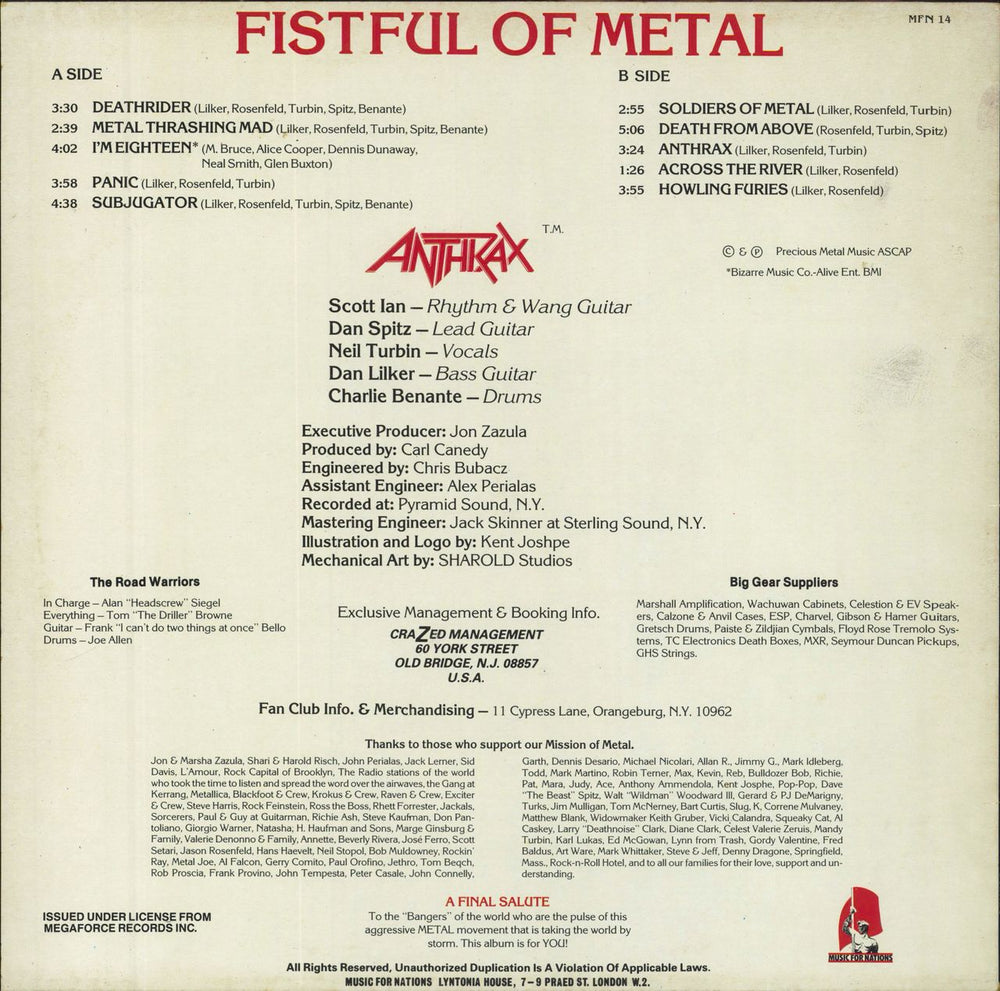 Anthrax Fistful Of Metal UK vinyl LP album (LP record)